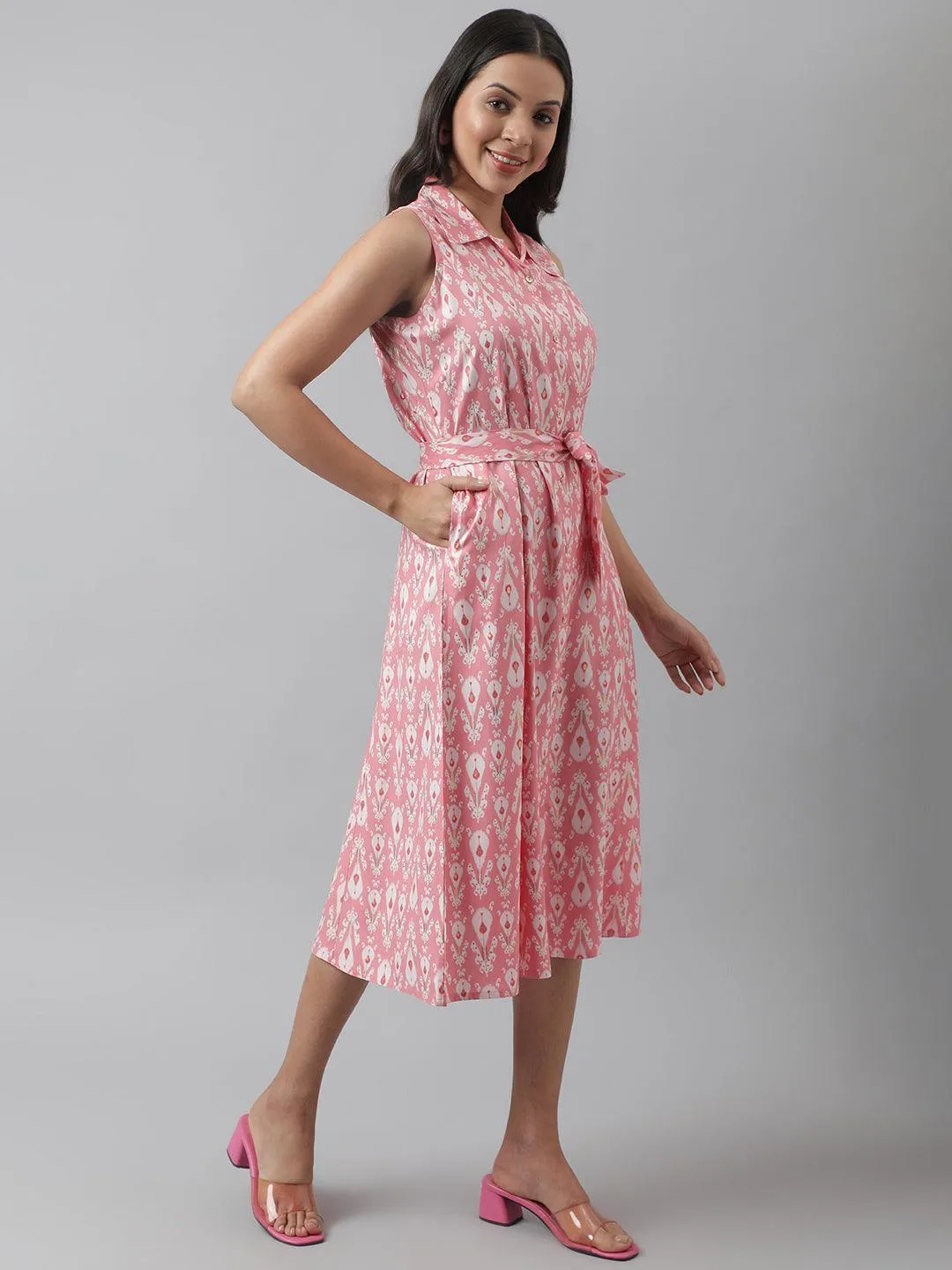 Rayon Light Pink A-Line Floral Printed Midi Dress