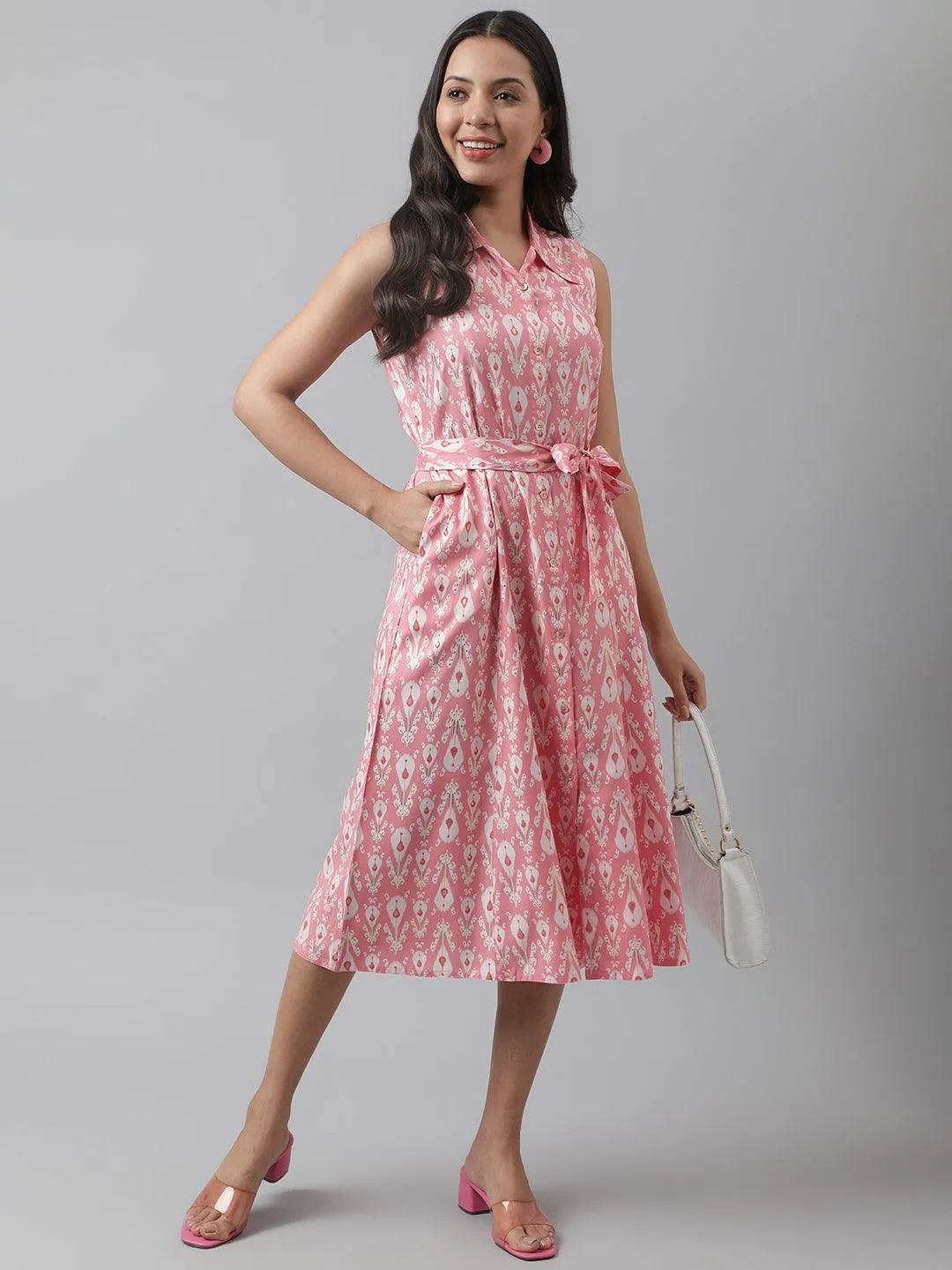 Rayon Light Pink A-Line Floral Printed Midi Dress