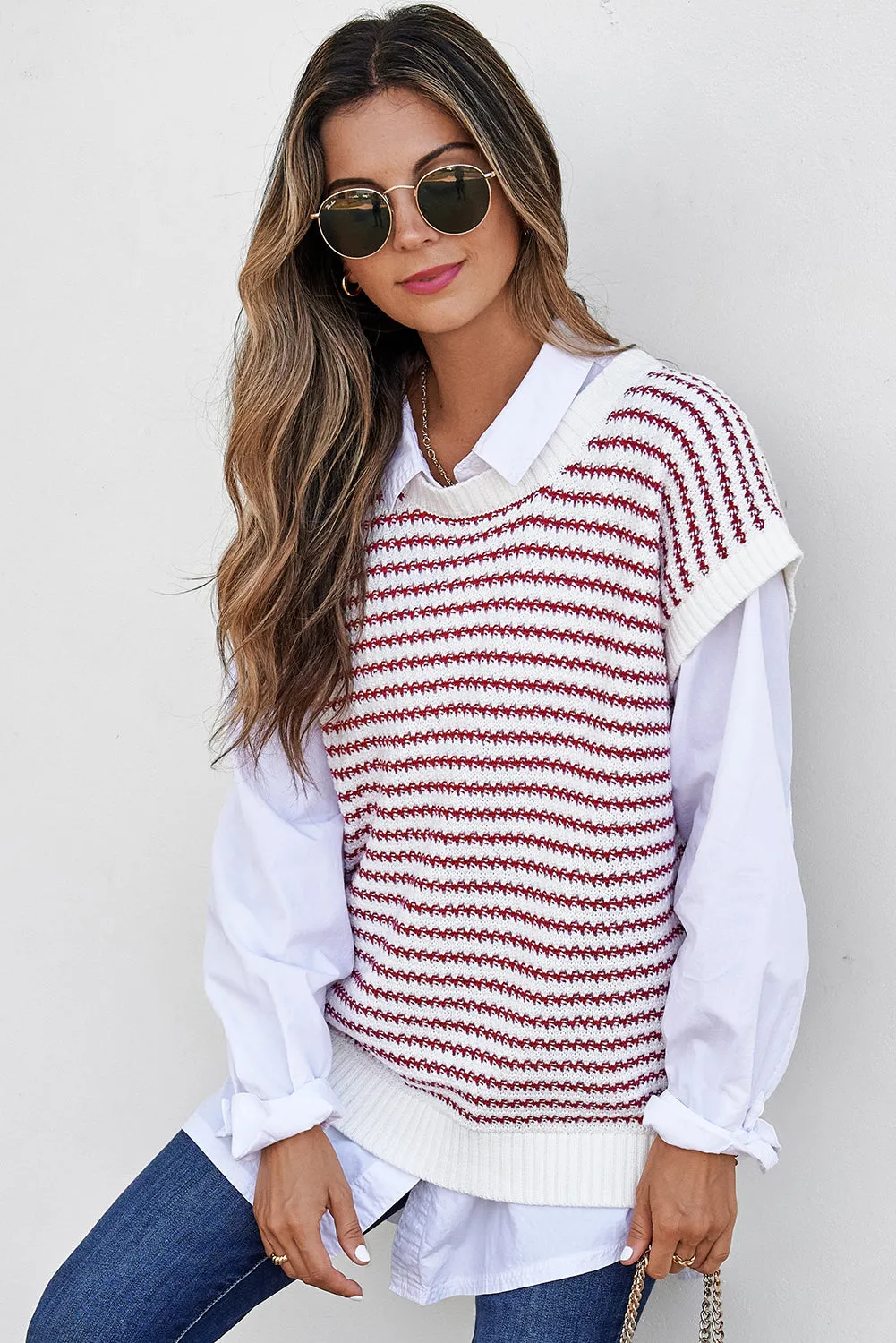 Red Stripe Ribbed Trim Loose Fit Knitted Sweater Vest