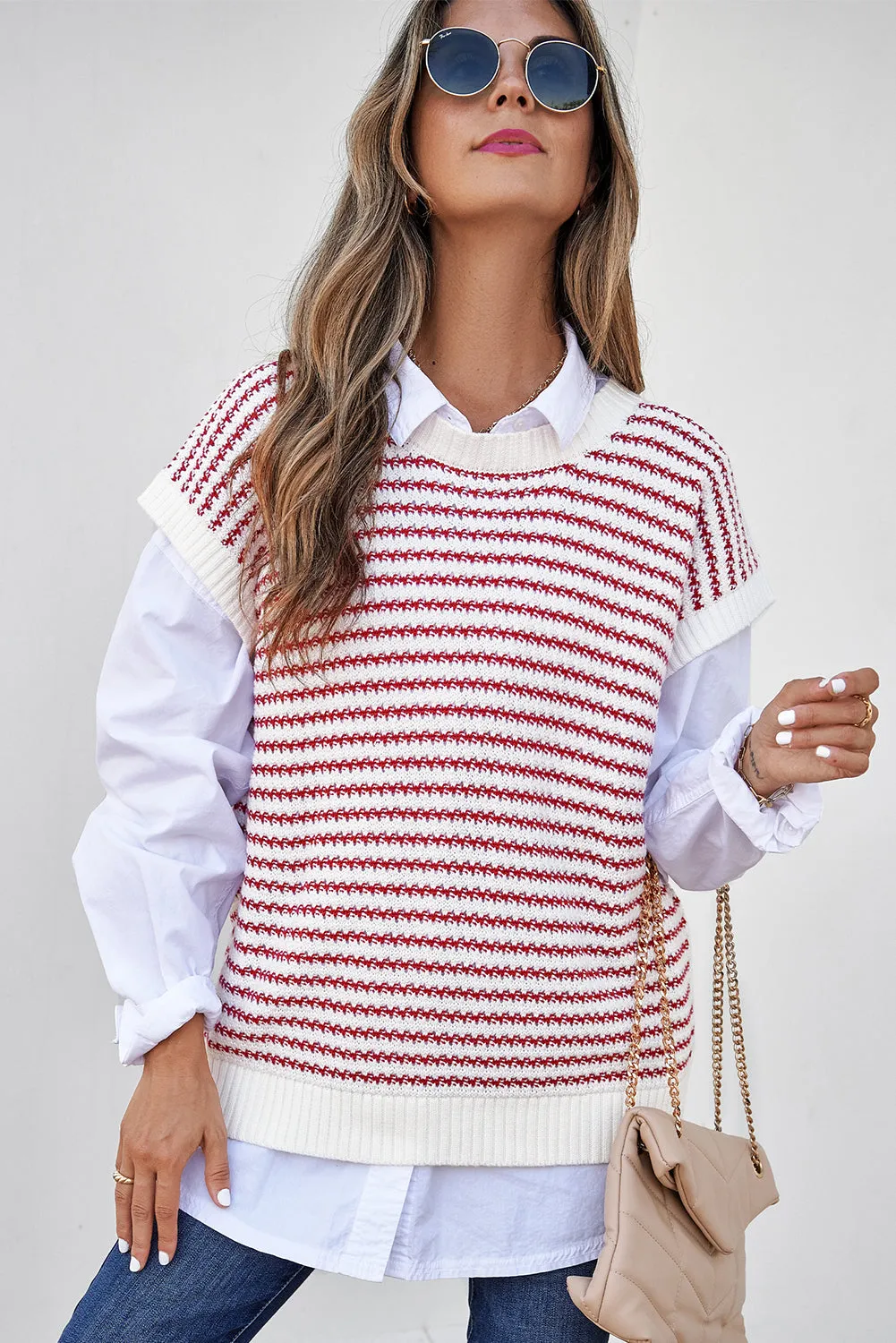 Red Stripe Ribbed Trim Loose Fit Knitted Sweater Vest