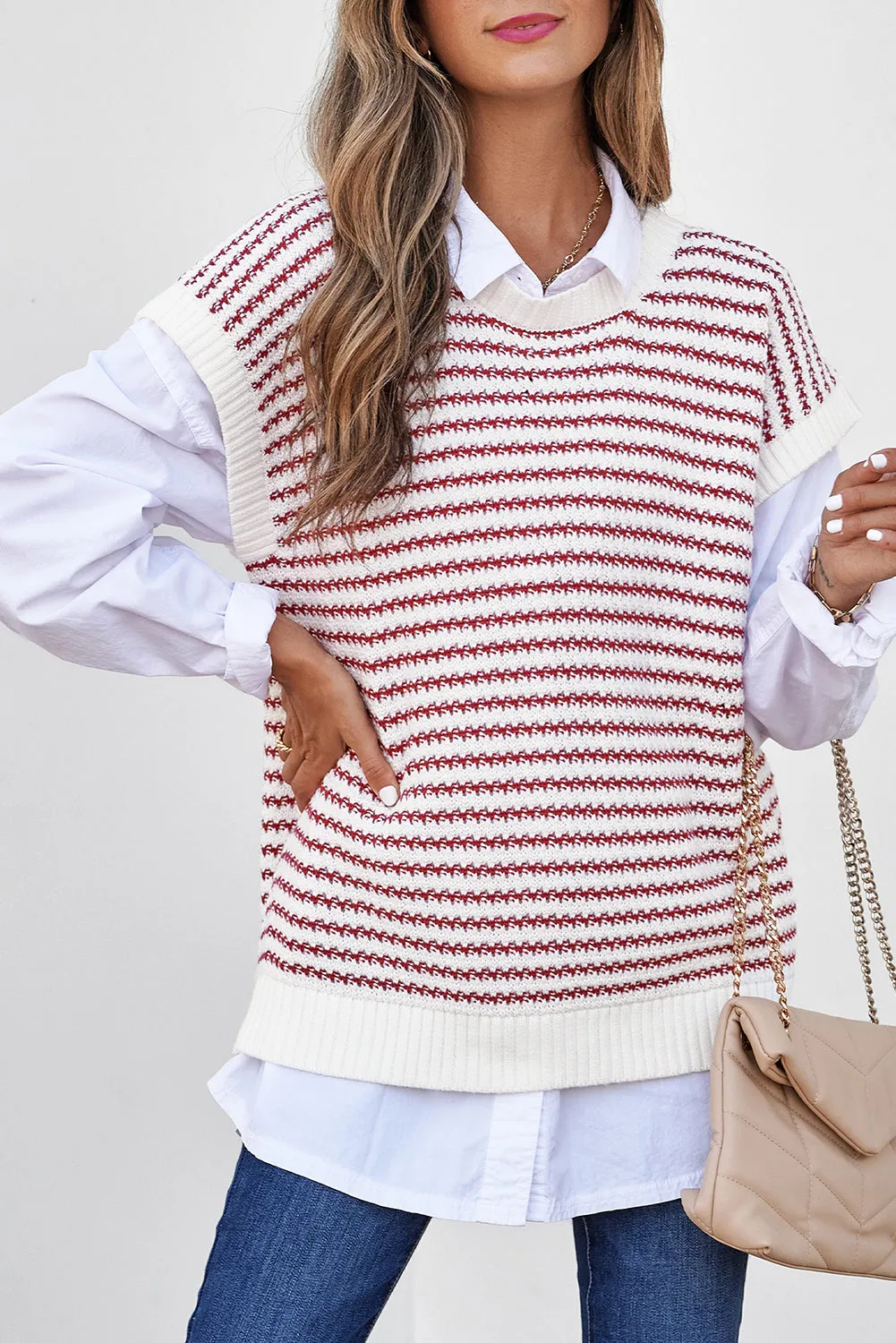 Red Stripe Ribbed Trim Loose Fit Knitted Sweater Vest