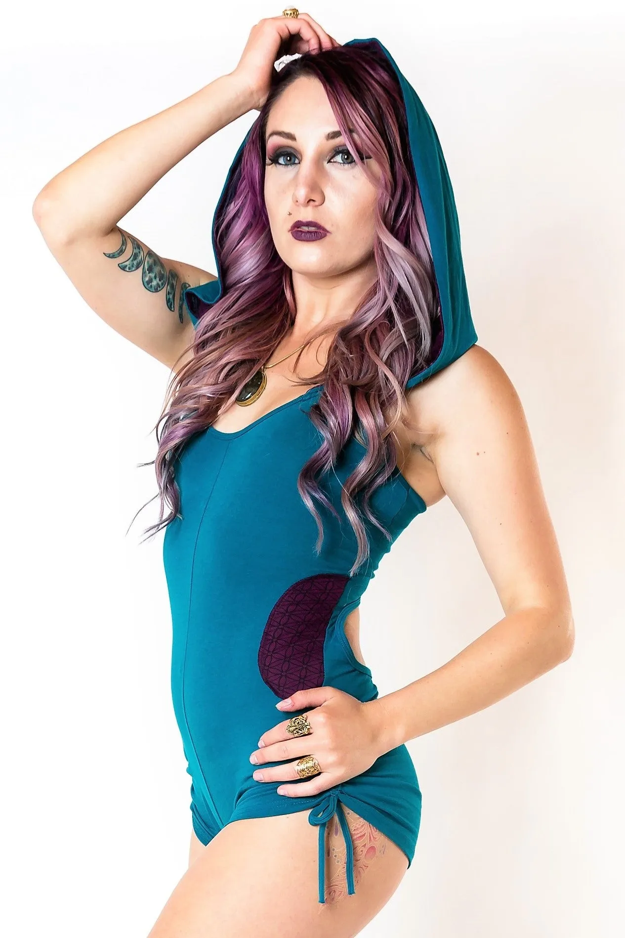 River Hooded Romper - Purple with Gray Flower of Life Print