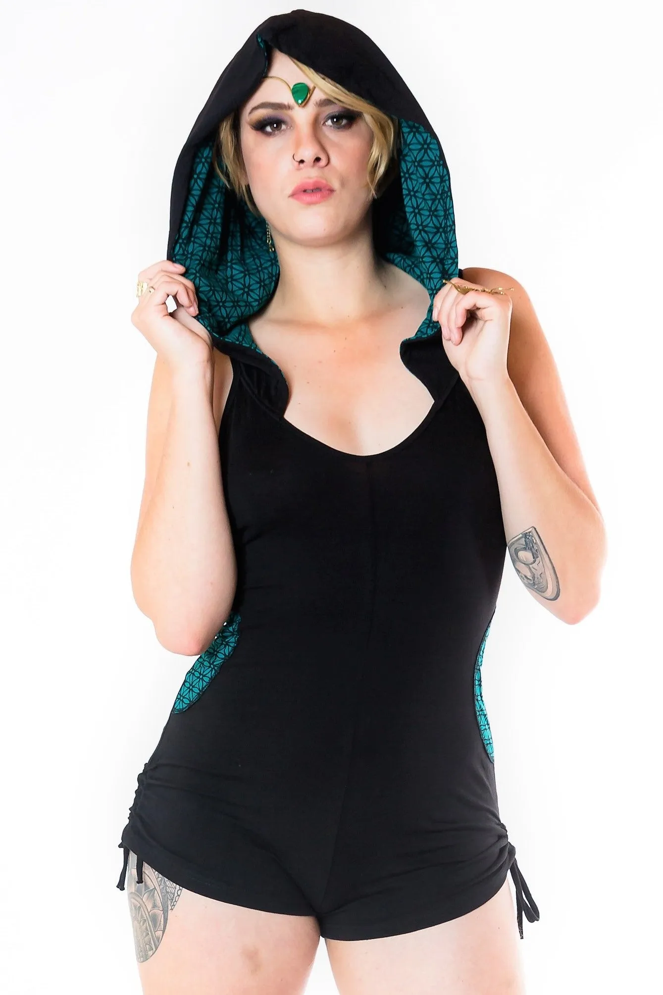 River Hooded Romper - Teal with Purple Flower of Life Print