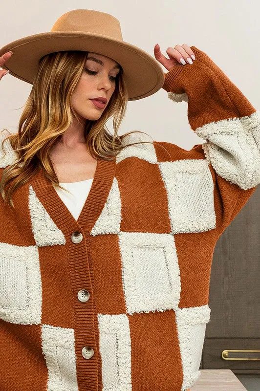 Rust checkered V-Neck Cardigan