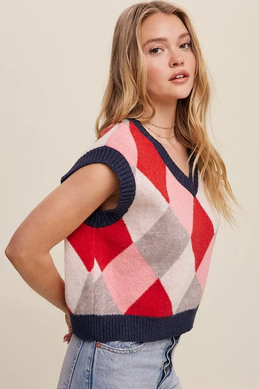 Sleeveless Argyle Cropped Sweater Vest