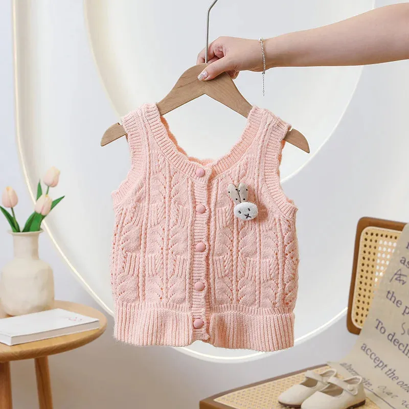 Trendy 2024 Kids Sweater Vest Cardigan Casual Elegant Lovely Bunny Decoration Everyday Fresh Leisure Fine Workmanship