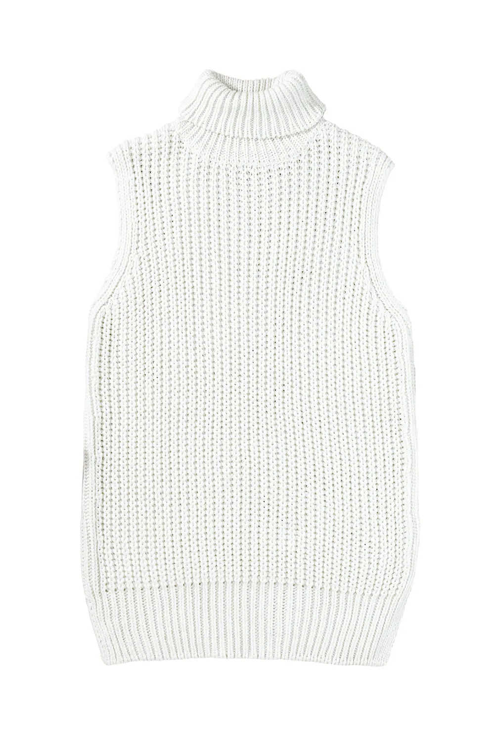 White Turtleneck Knitted Slit Hem Sweater Vest