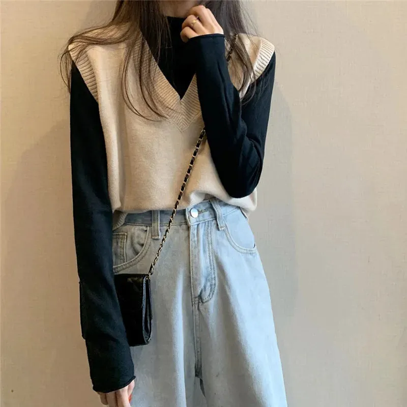 Women Knitted Sweater Vest 2022 Spring Autumn Short Loose Vintage Sweater Sleeveless Girls V-Neck Pullover Tops Female Outerwear