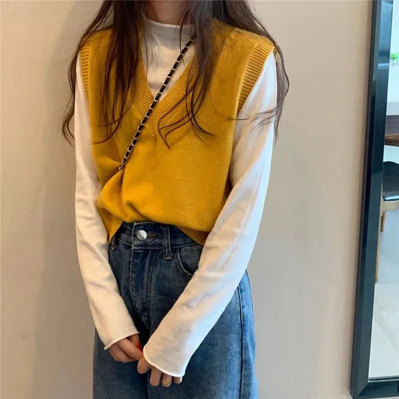 Women Knitted Sweater Vest 2022 Spring Autumn Short Loose Vintage Sweater Sleeveless Girls V-Neck Pullover Tops Female Outerwear