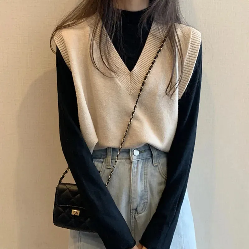 Women Knitted Sweater Vest 2022 Spring Autumn Short Loose Vintage Sweater Sleeveless Girls V-Neck Pullover Tops Female Outerwear