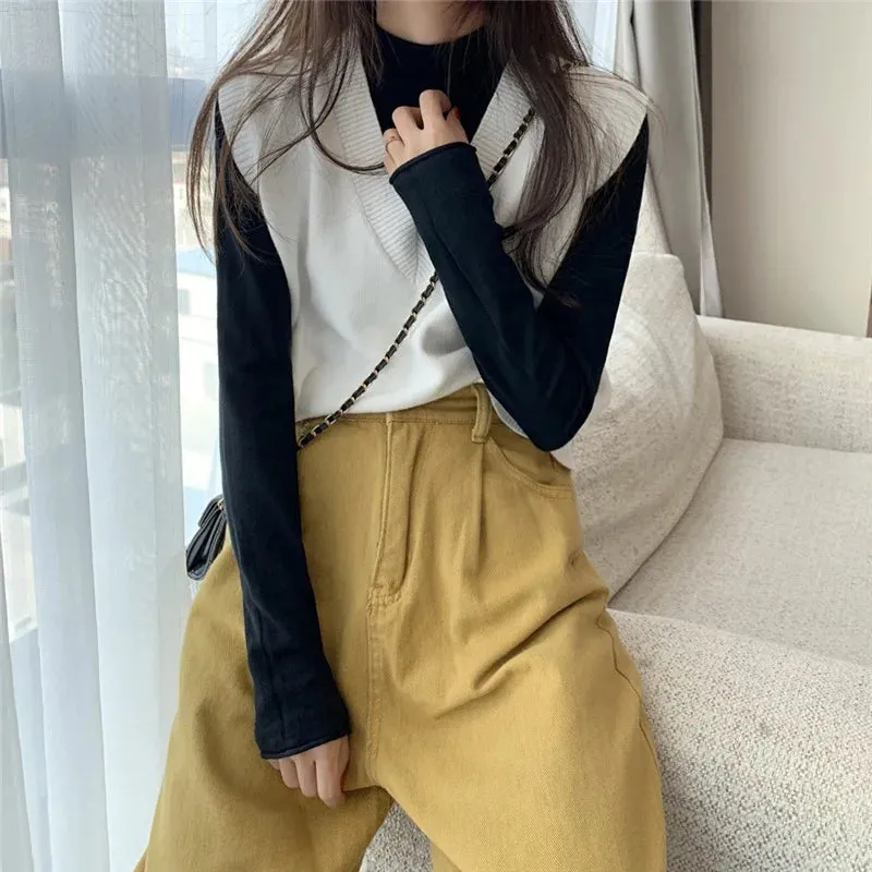 Women Knitted Sweater Vest 2022 Spring Autumn Short Loose Vintage Sweater Sleeveless Girls V-Neck Pullover Tops Female Outerwear