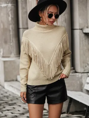 Women's Fitted V Front Panel Fringed Turtleneck Jumper